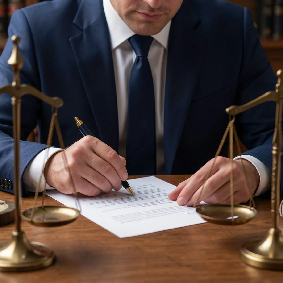 Advogado assinando documento na mesa